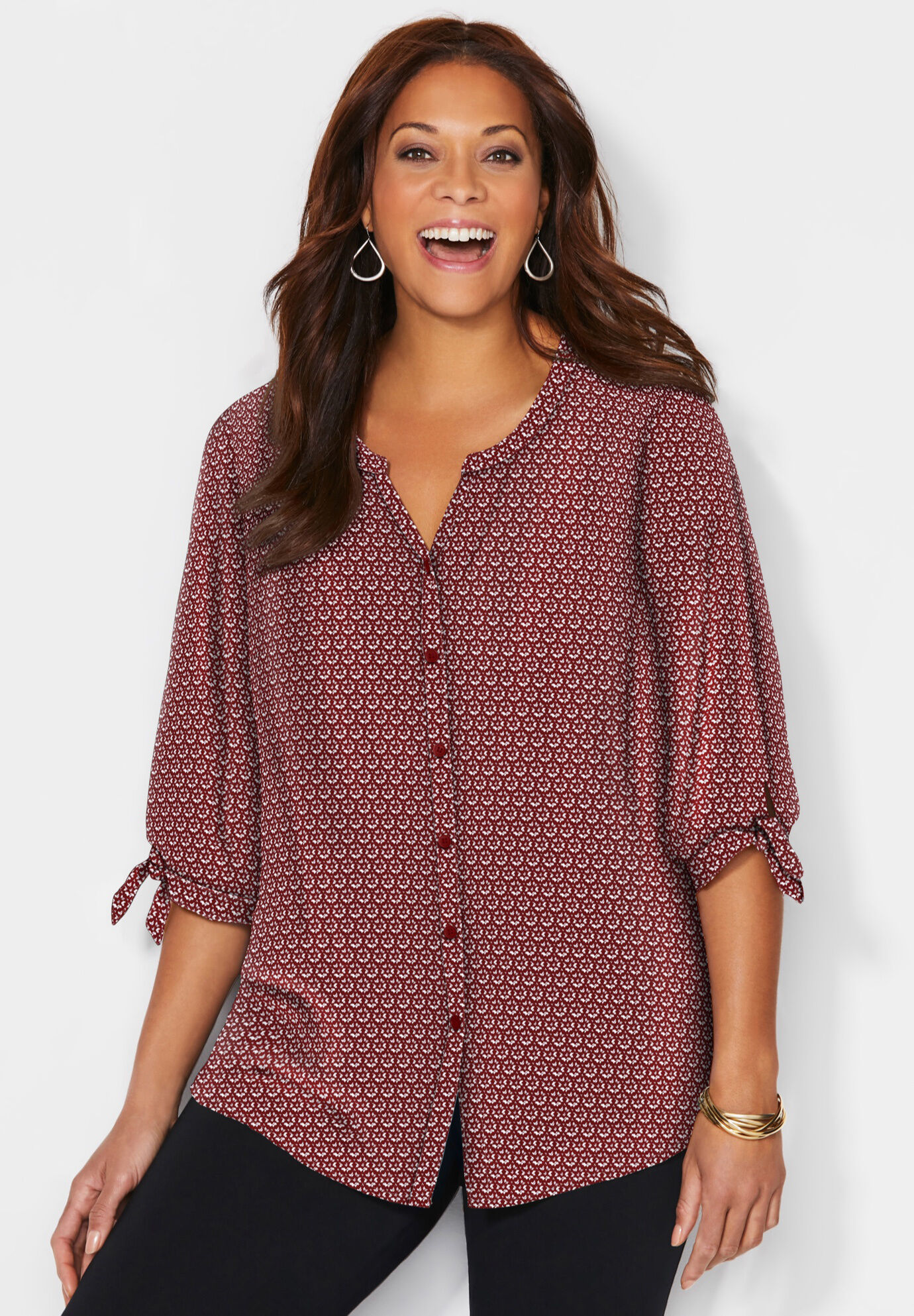 Georgette Buttonfront Tie Sleeve Cafe Blouse | Brylane Home