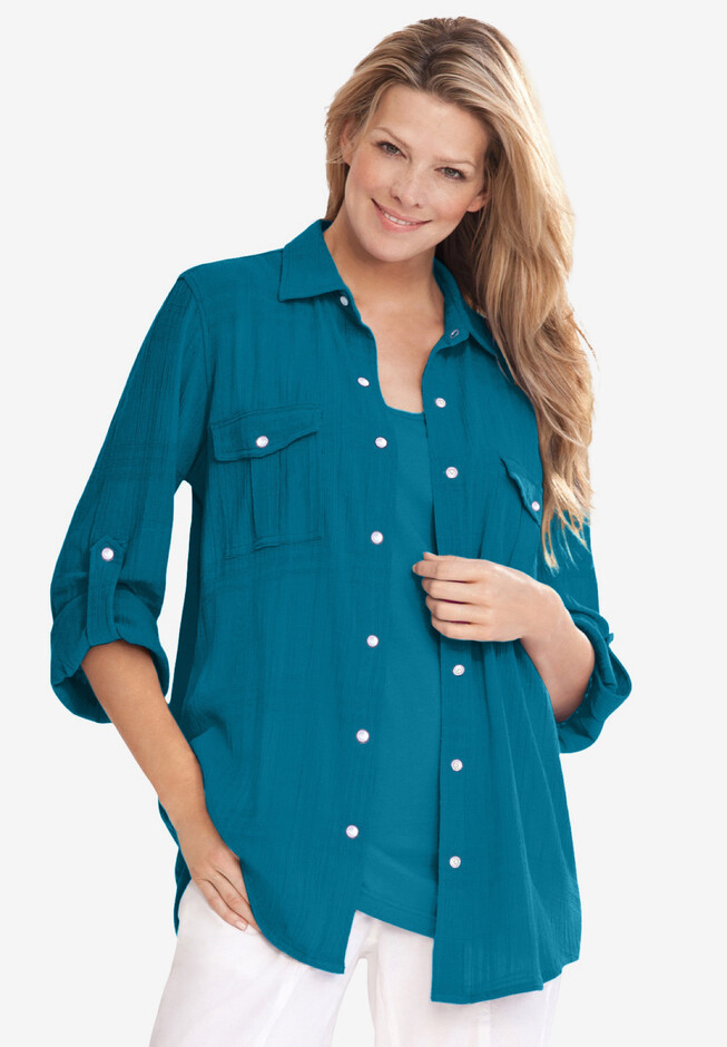 Catherine's 4X Button Down Blouse with tab sleeves in 2023