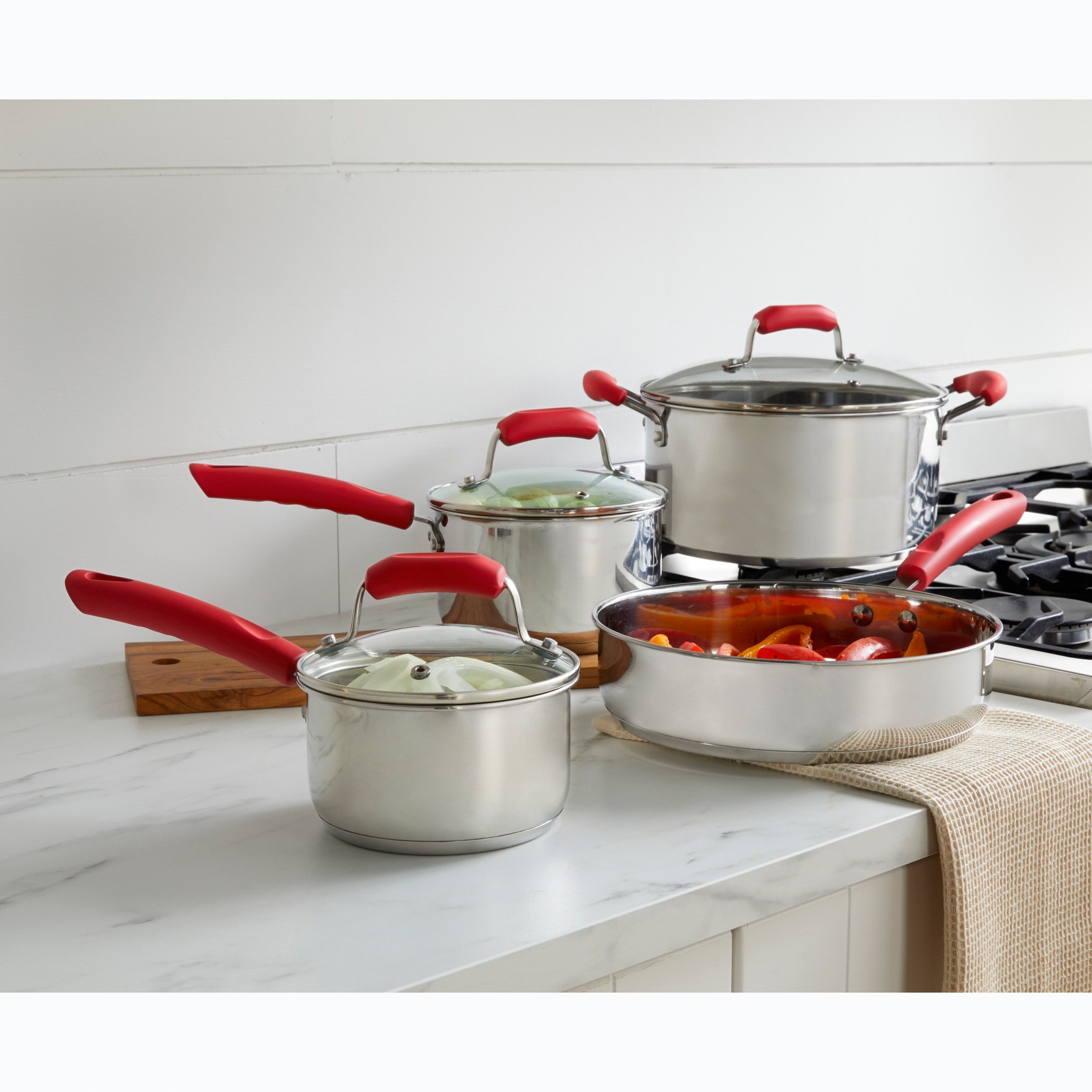 7Pc. Stainless Cookware with Red Silicone Handles Brylane Home