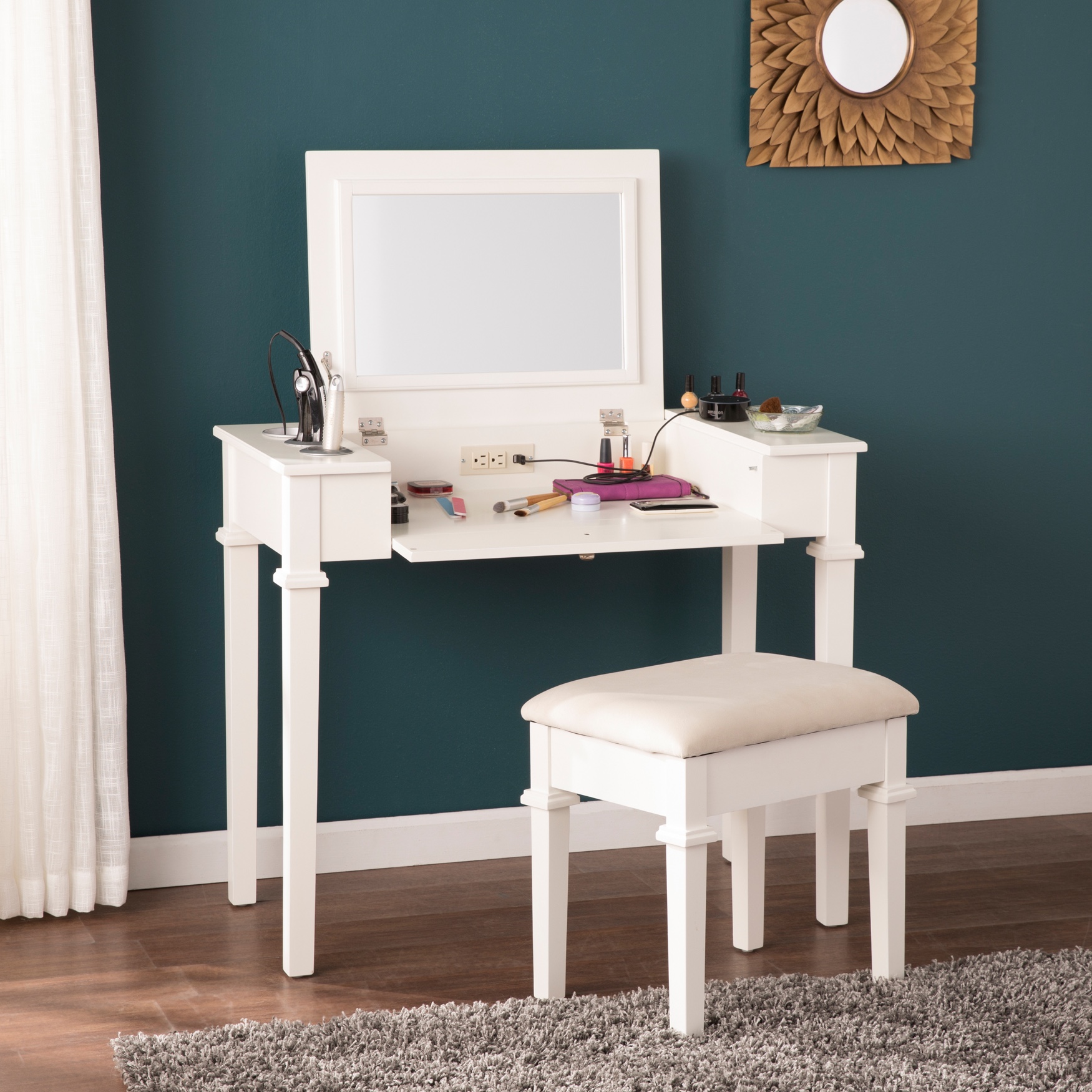 white bedroom with desk